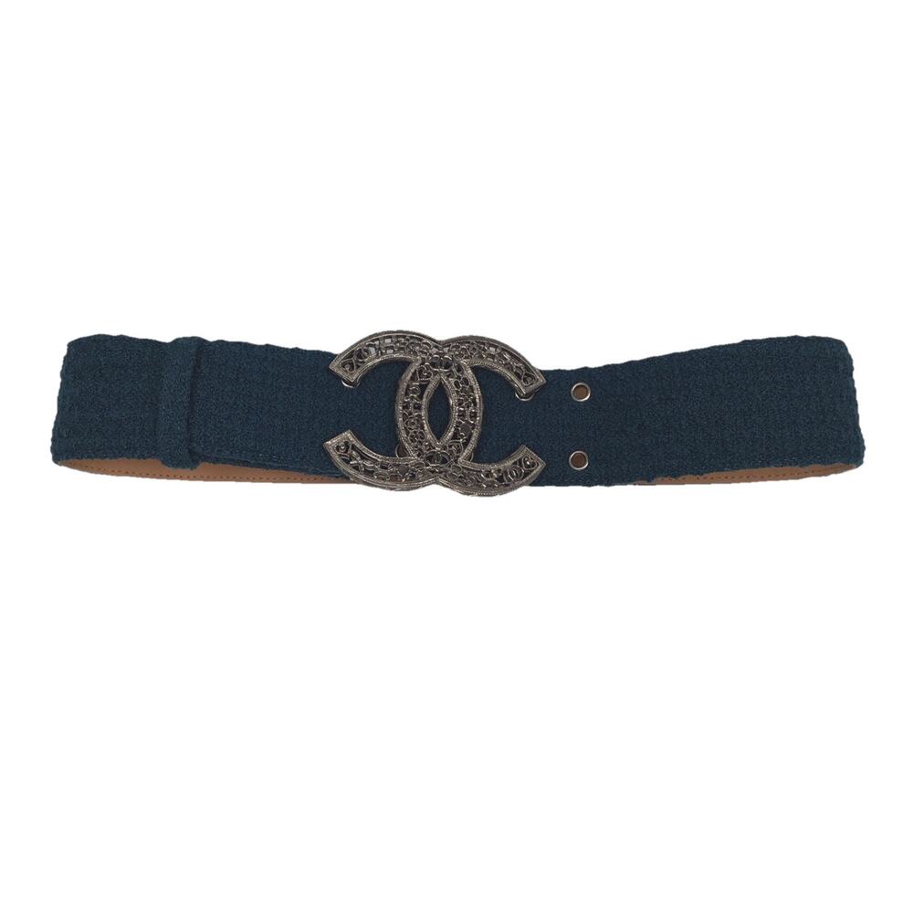 Authentic Chanel 2” wide green tweed & leather belt silver CC buckle Small H1 36